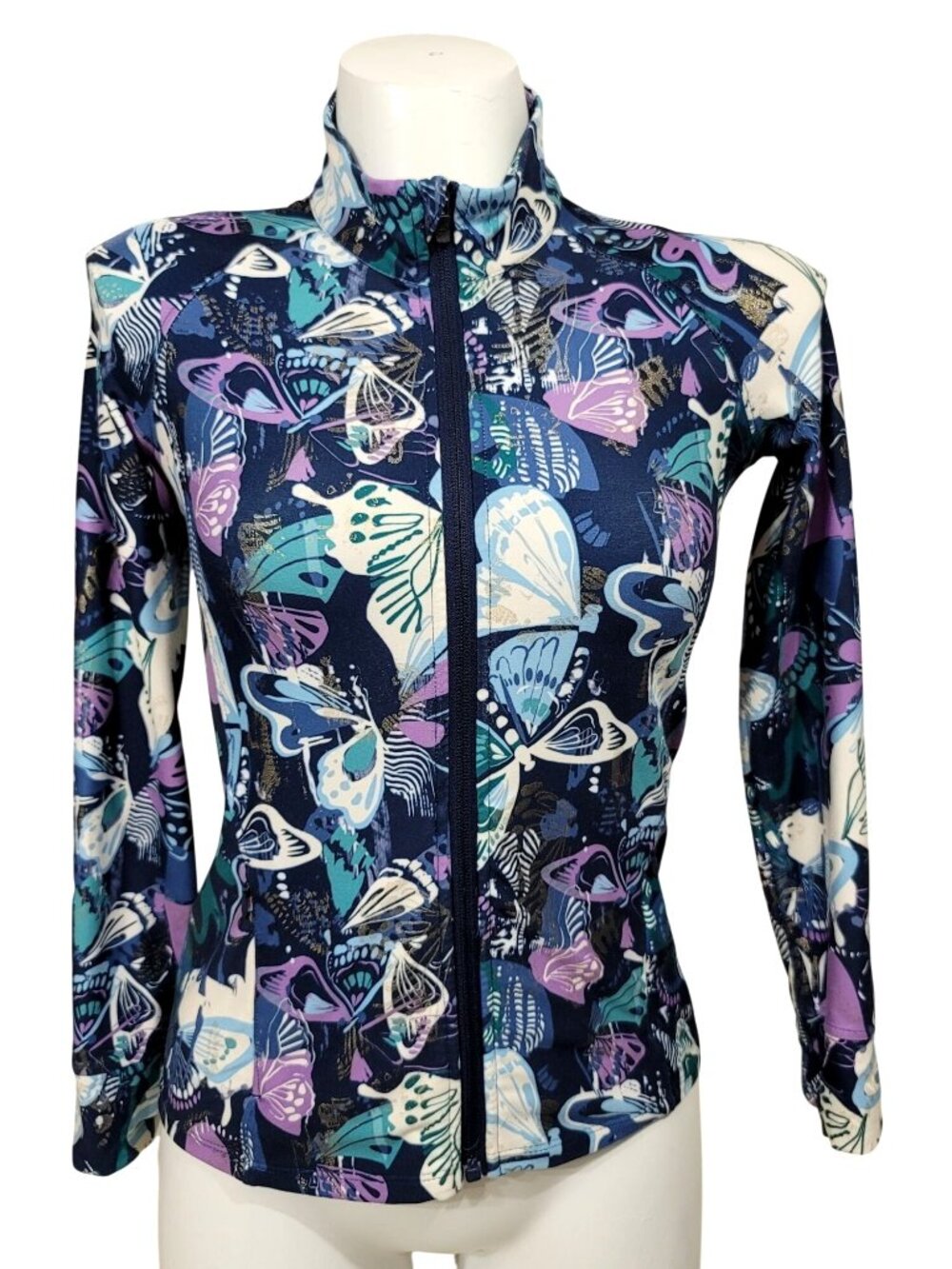 Butterfly Print Full-Zip Jacket With Thumb Holes & Pockets Womens Size L Lightwe